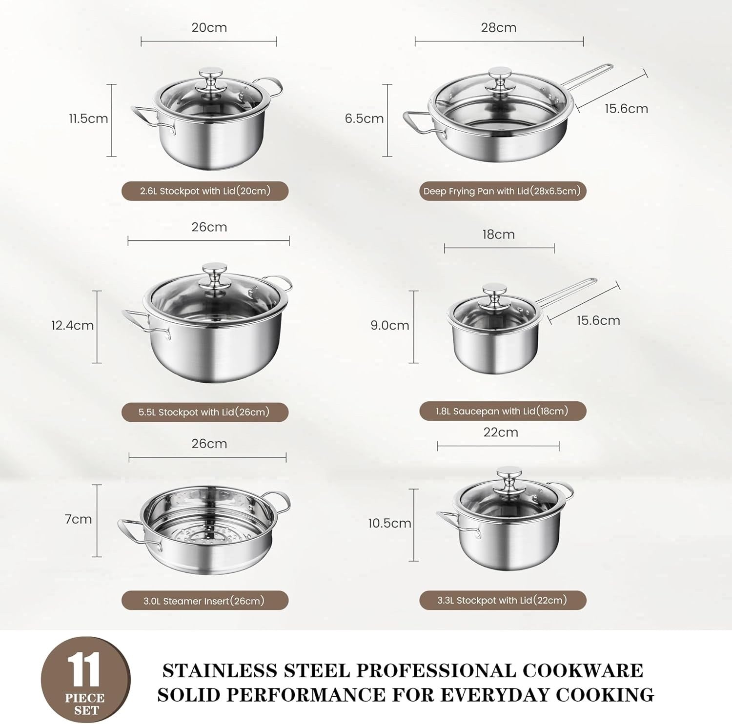 11pcs 3-ply Stainless Steel Cookware Set Induction Safe Pots & Pans with Lids