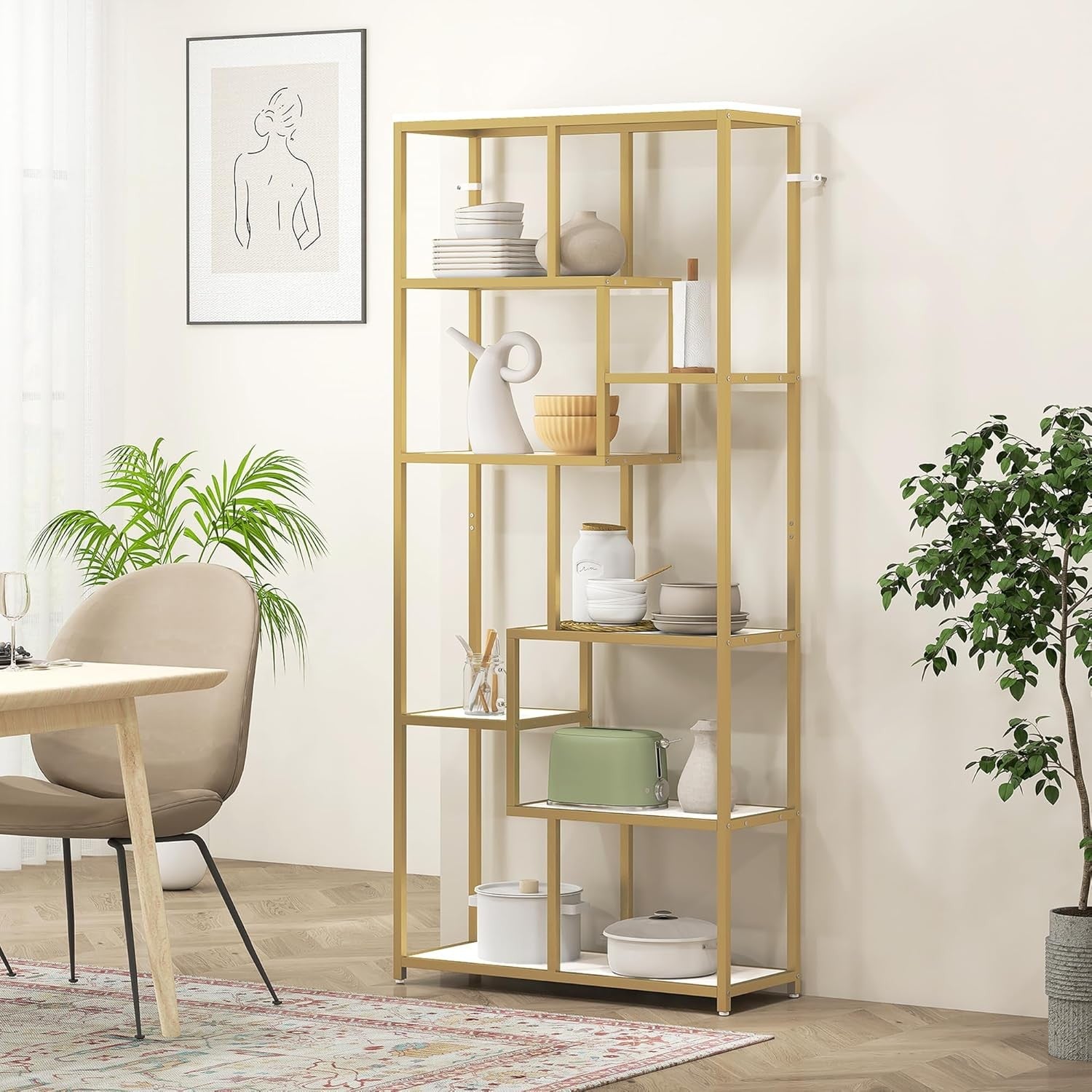 7-Tier Gold Geometric Bookcase | Modern Display Shelf Unit for Living Room & Off