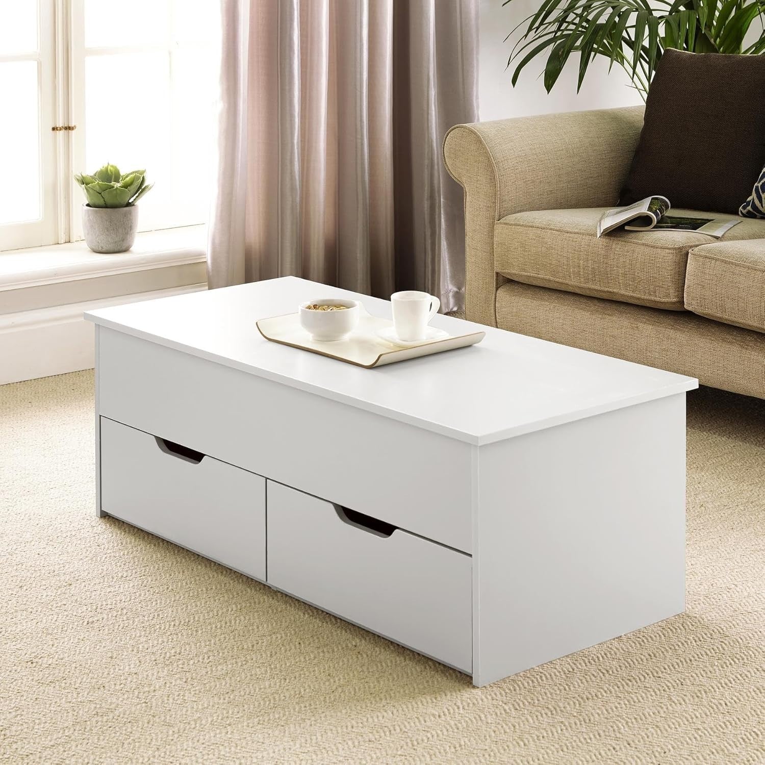White Lift-Top Coffee Table with Locking Storage Drawers 115x50x40cm