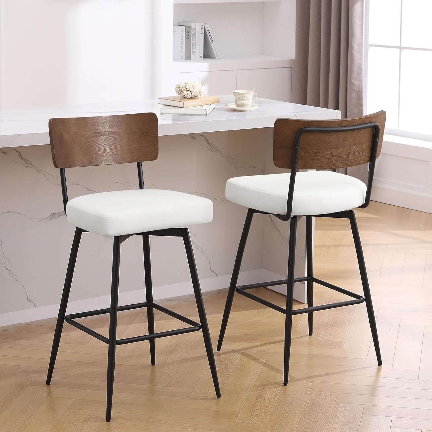 Swivel Bar Stools Set of 2 PU Leather White Wood Back 65cm Seat