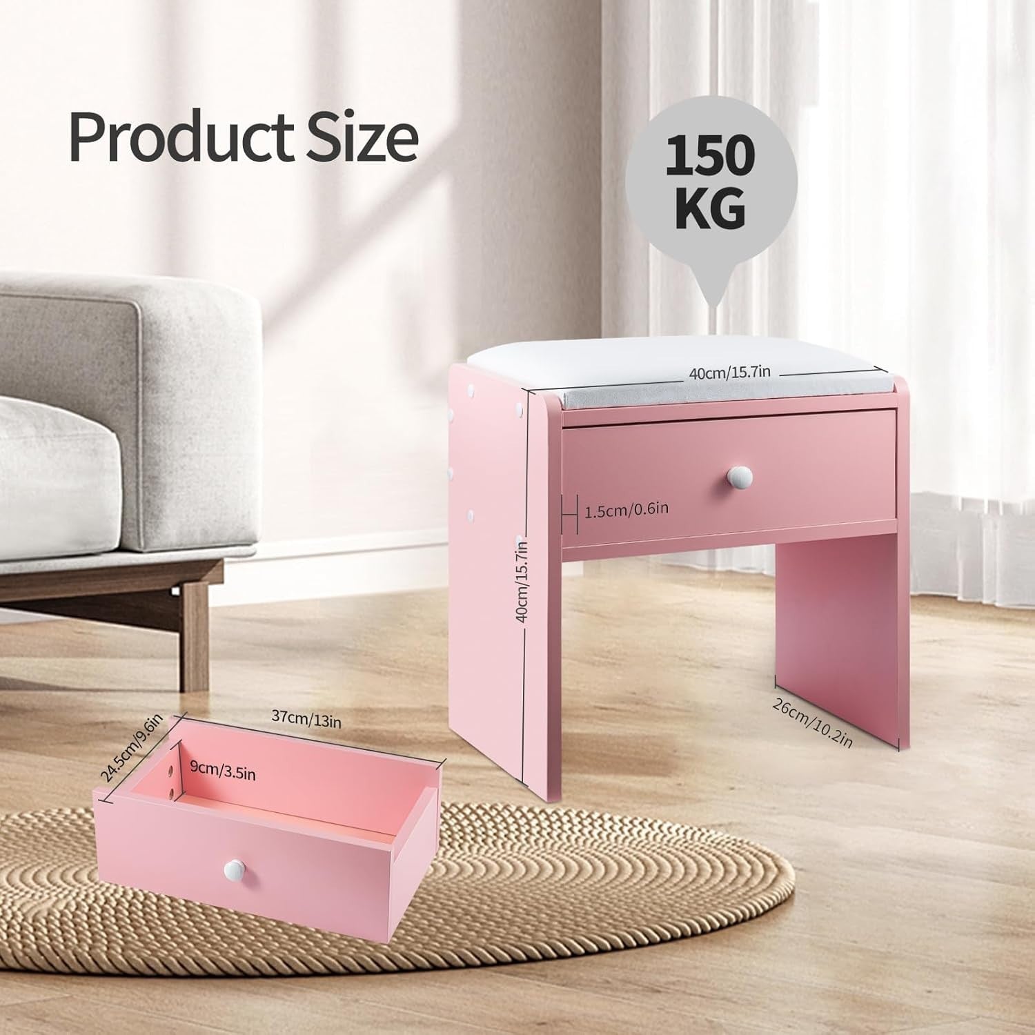 Pink Wooden Vanity Stool with Storage Drawer – Soft Padded Makeup Chair