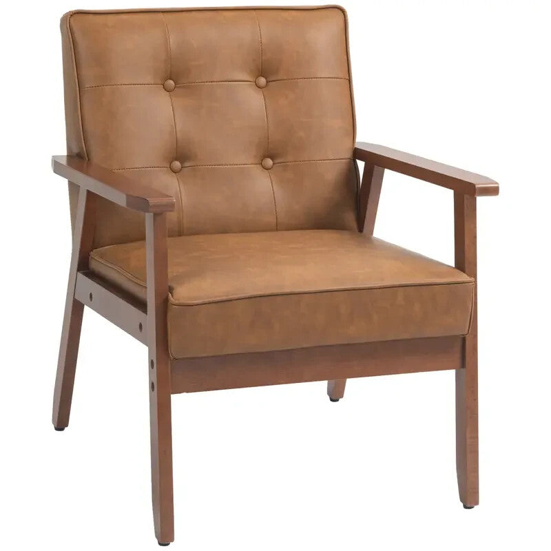Brown PU Leather Armchair Retro Accent Chair with Wooden Frame 200kg