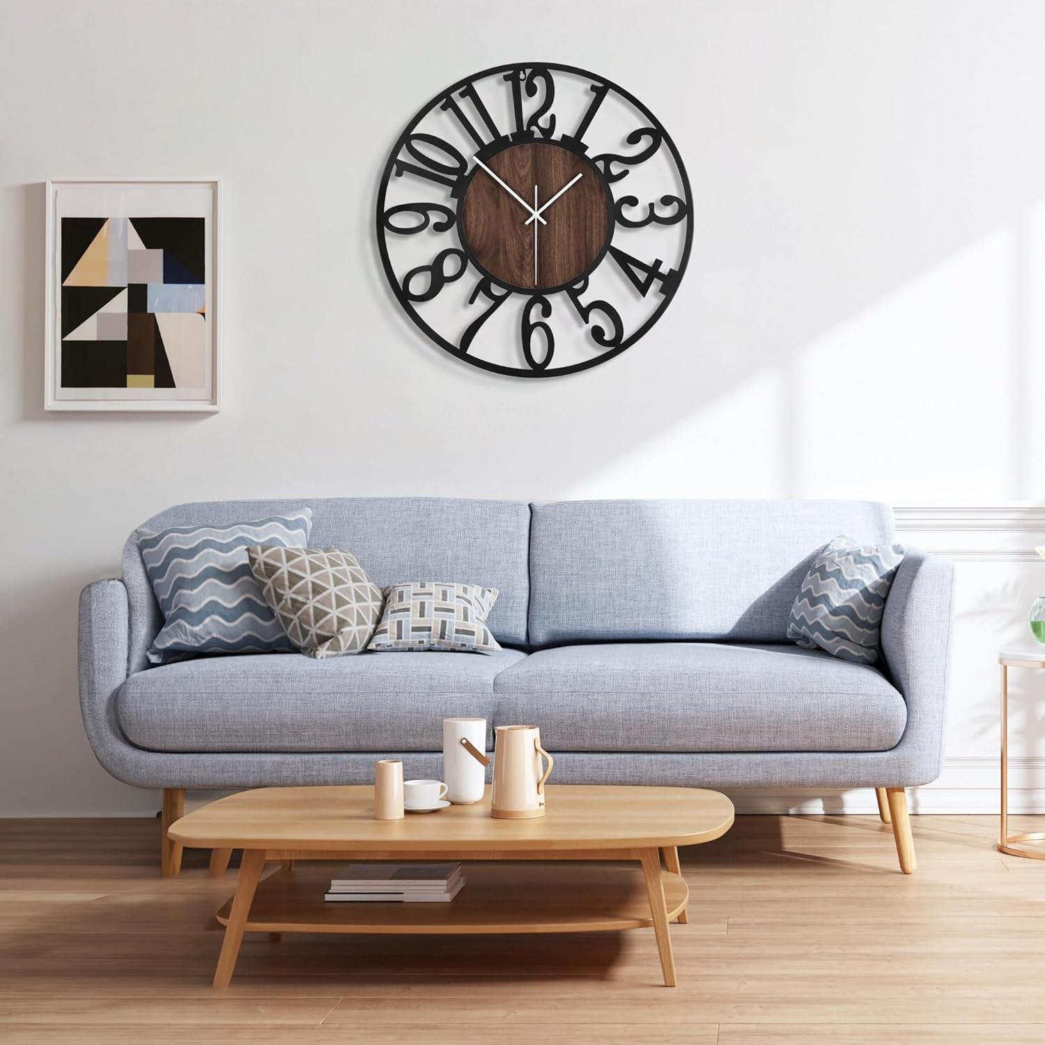 Large 34cm Silent Wall Clock Modern Rustic Metal Wood Arabic Number Decor