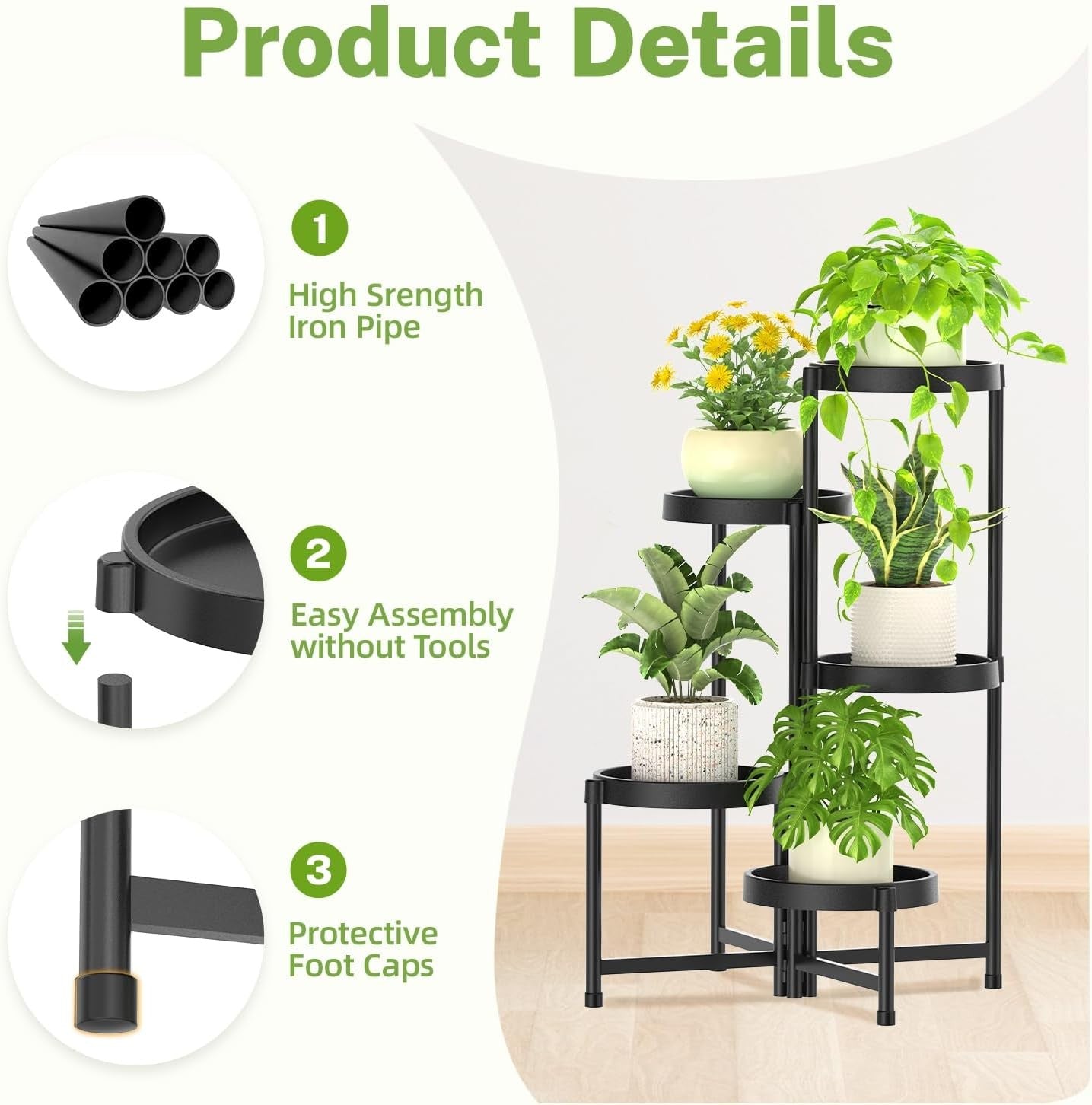 5 Tier Folding Plant Stand Indoor Outdoor | Black Metal Corner Flower Display