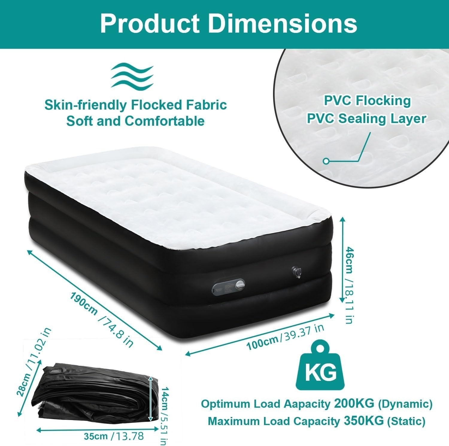 Single Air Bed with Built-in Pump, Inflatable Mattress 190x100x46