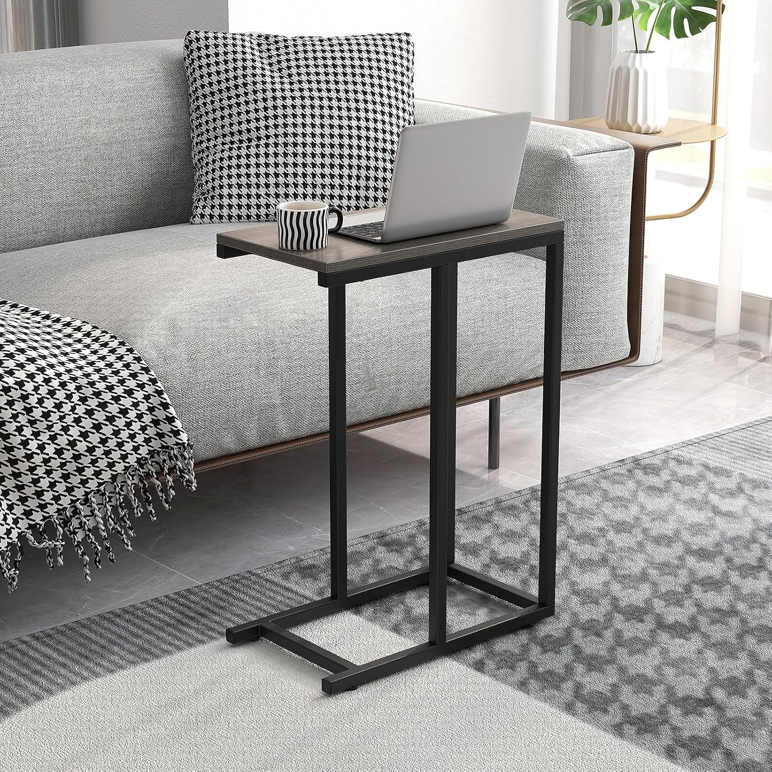 C-Shaped Side Table Grey Oak | Industrial Sofa Laptop Snack Table for Small Spac