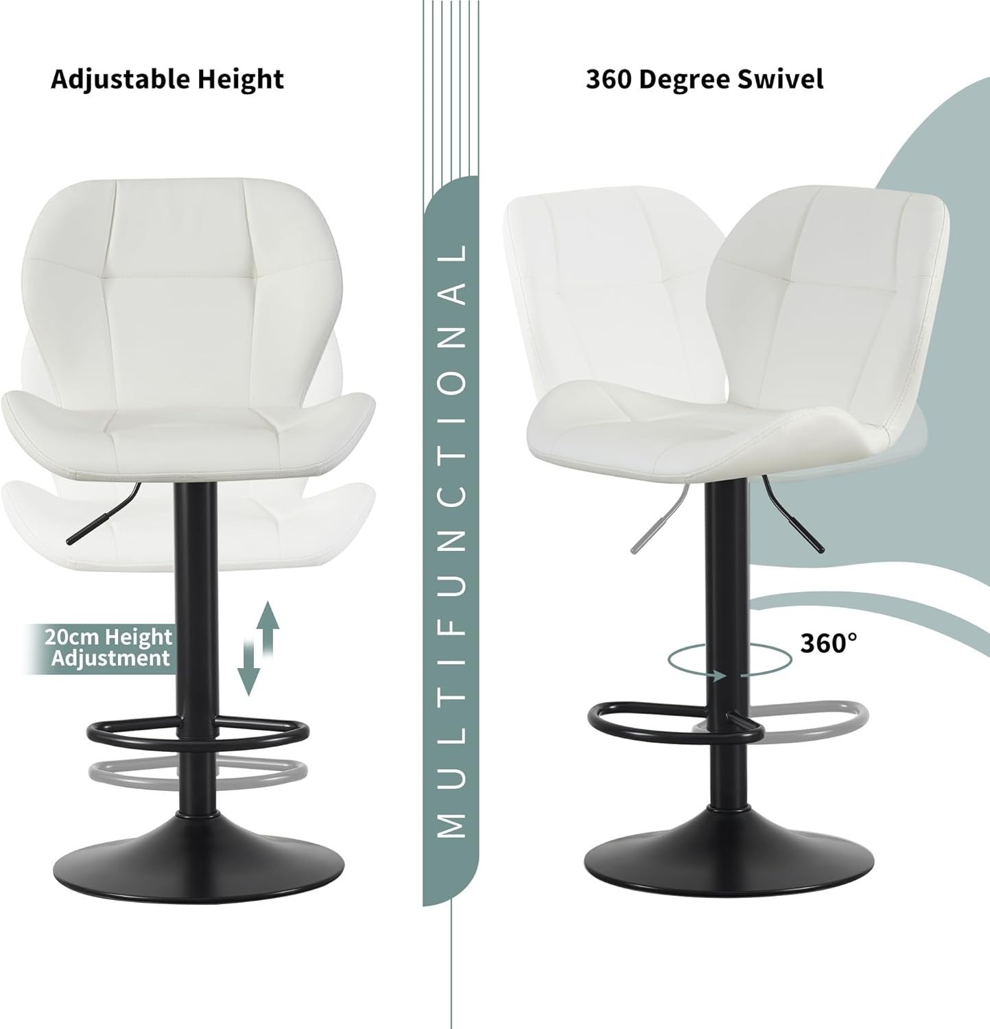 Cream Adjustable PU Leather Bar Stools Set of 2 – Swivel & Height Adjustable