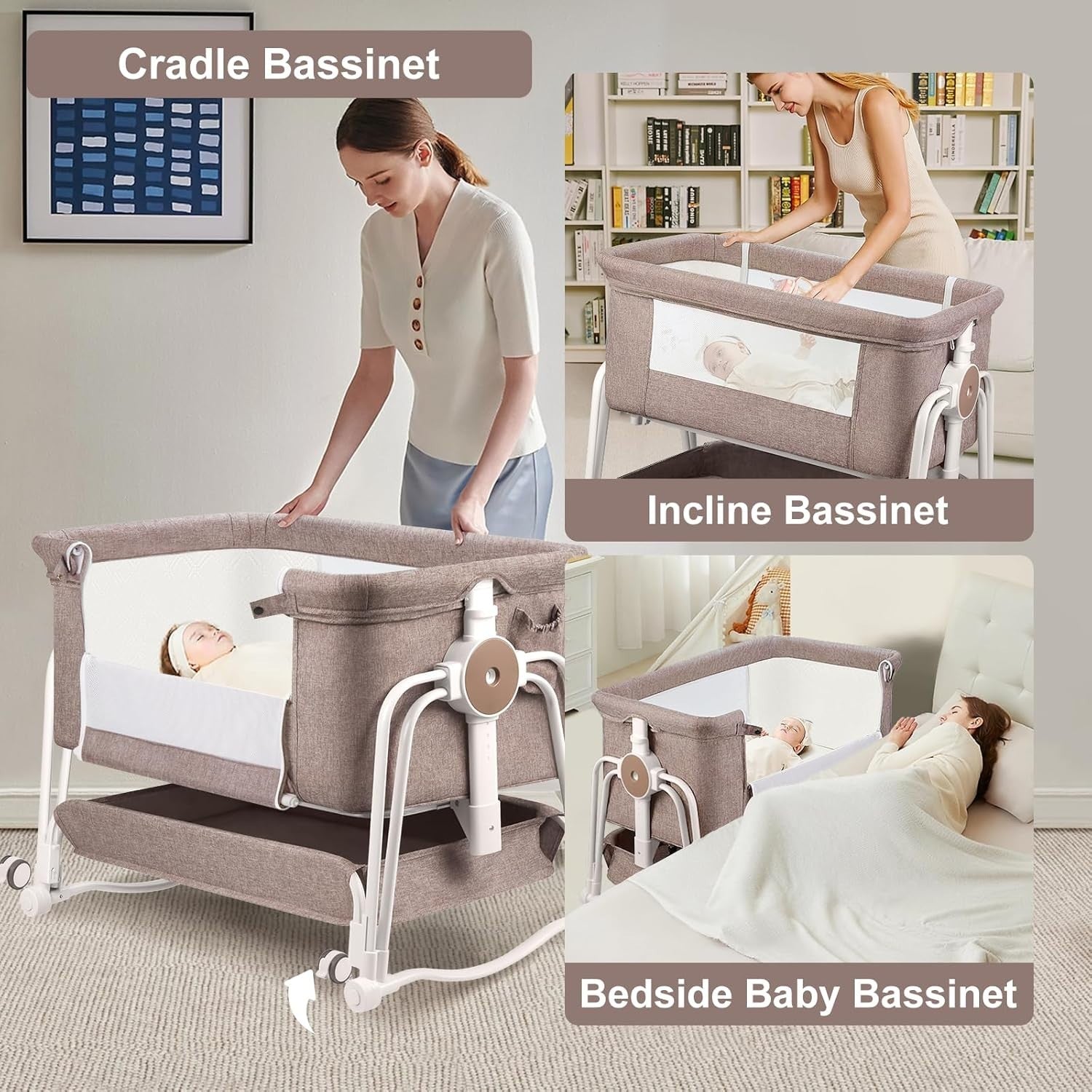 4 in 1 Baby Crib Bedside Cot with Wheels, Mosquito Net & Mattress