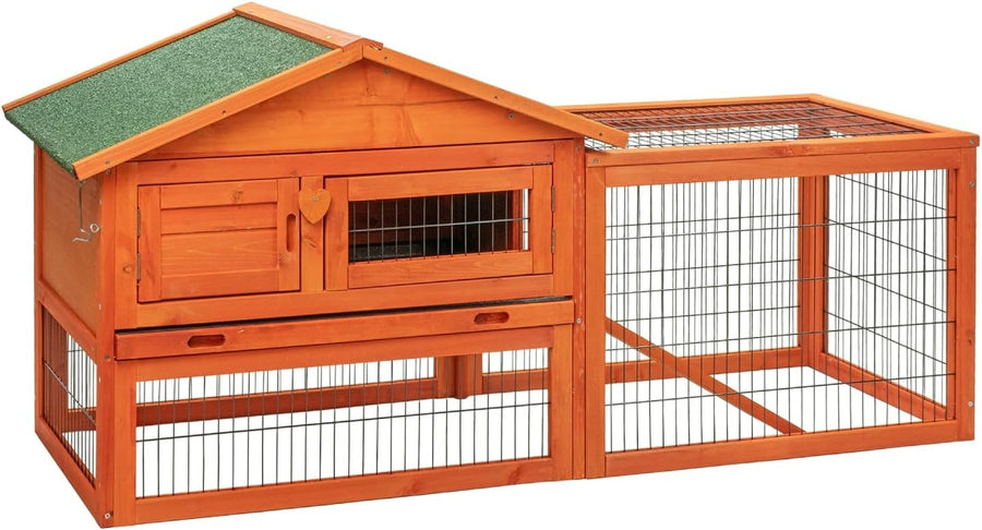 2 Tier Wooden Rabbit Hutch with Run Outdoor Cage Ramp Slide Out Tray