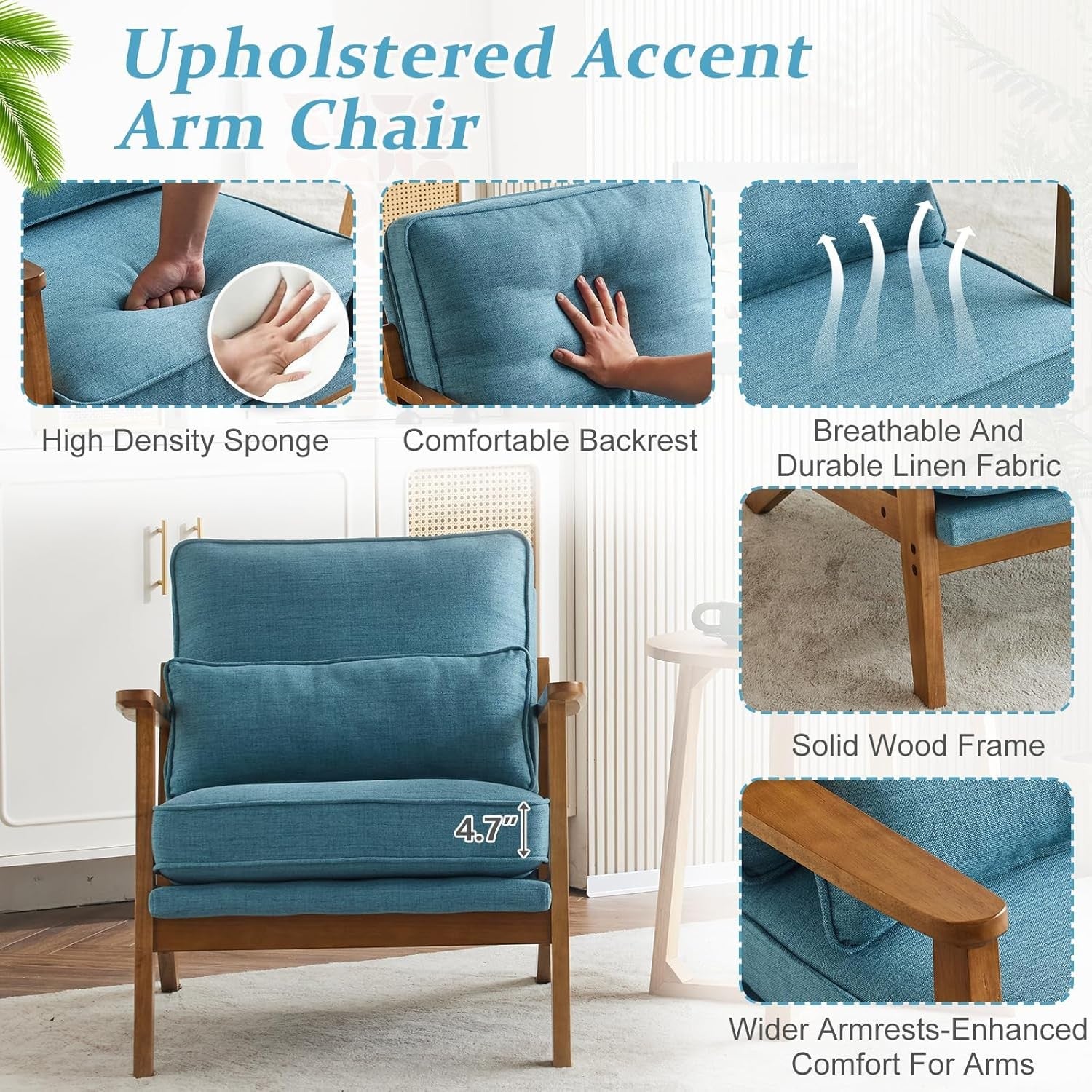 Blue Accent Armchair Solid Wood Lounge Chair Wide Arm Cushioned