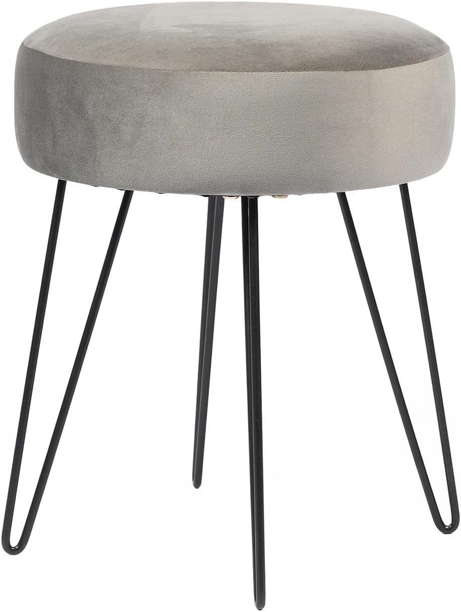 Charcoal Grey Velvet Round Stool Hairpin Leg Vanity Seat Footrest