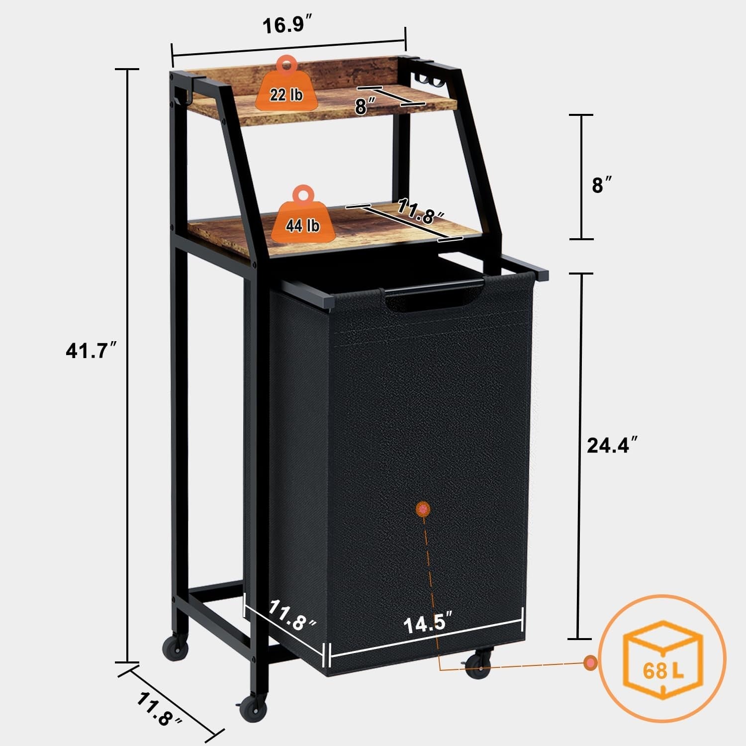 64L Laundry Sorter on Wheels with Shelves Rustic Wood Top Pull-Out Clothes