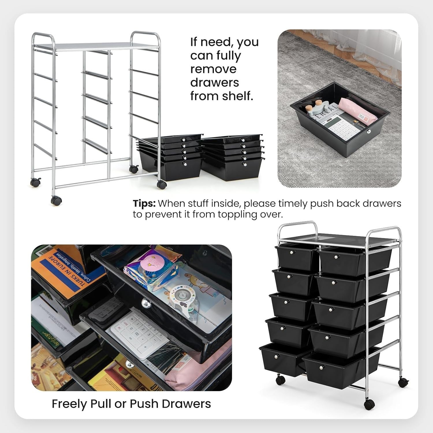 Black 10 Drawer Rolling Storage Cart Utility Trolley Office Organizer