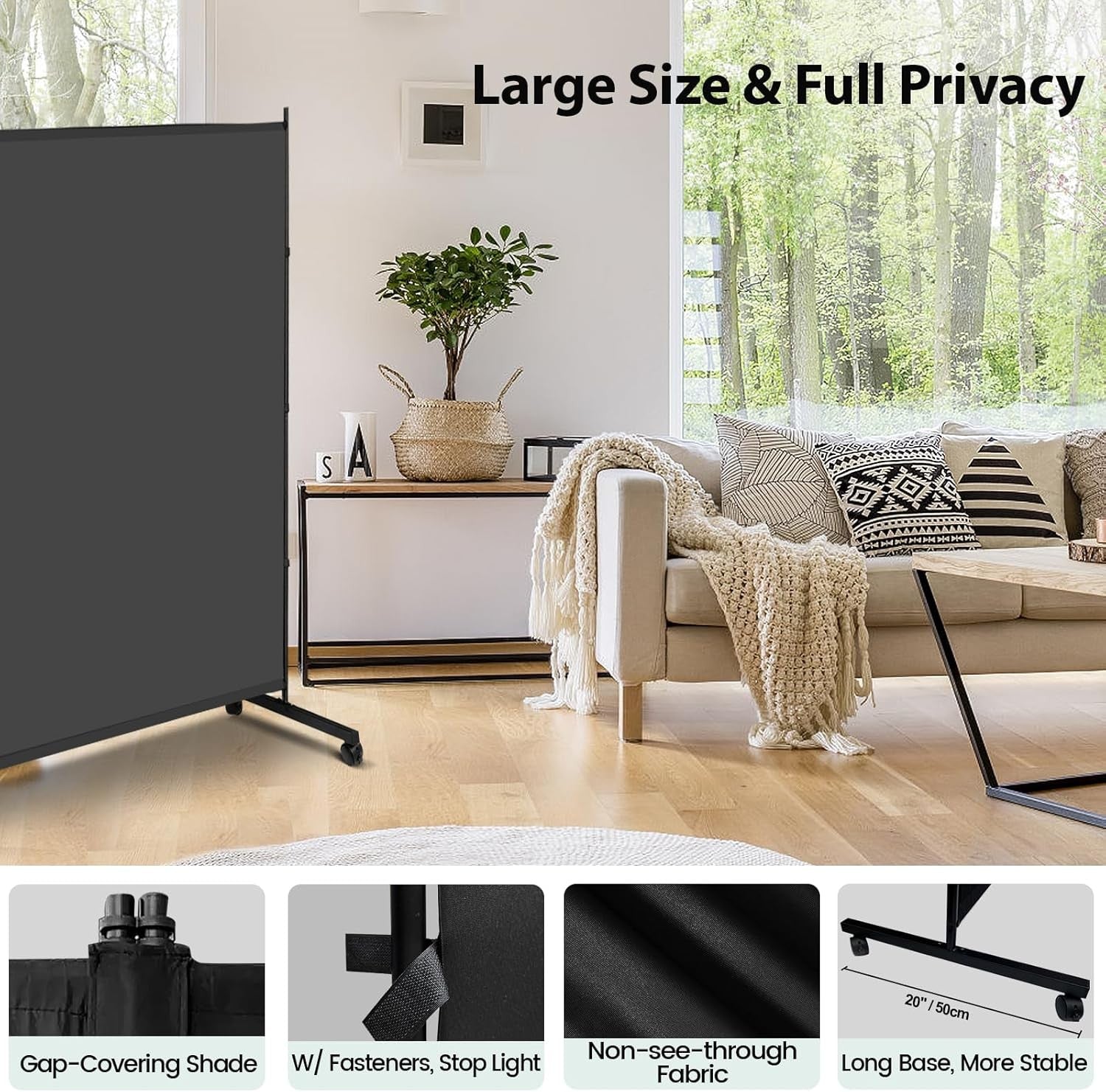 2 Panel Room Divider with Wheels Large Freestanding Privacy Screen 360x190cm
