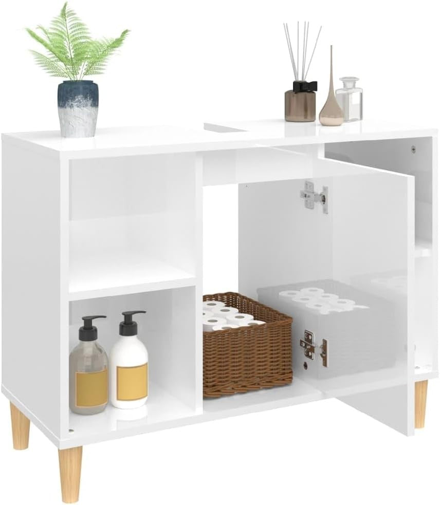 High Gloss White Bathroom Vanity Cabinet with Door & Shelves | Modern Under Sink