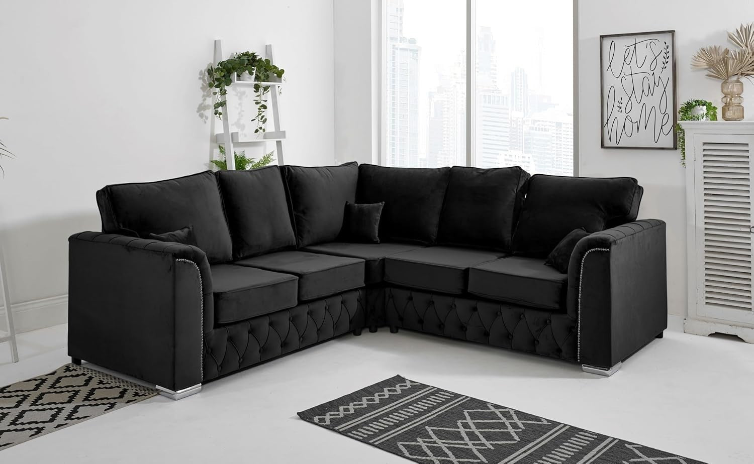 Black Plush Velvet 5-Seater Corner Sofa – Fullback & Button Detail