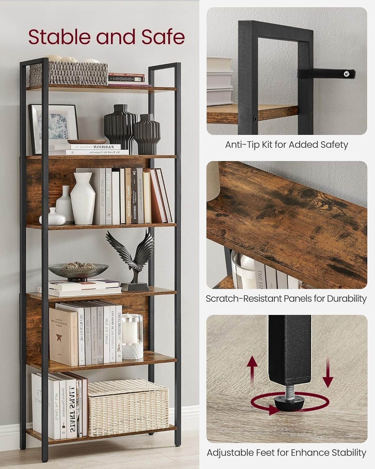 6 Tier Industrial Bookcase Rustic Brown Shelf Tall Storage Unit 60x24x186cm