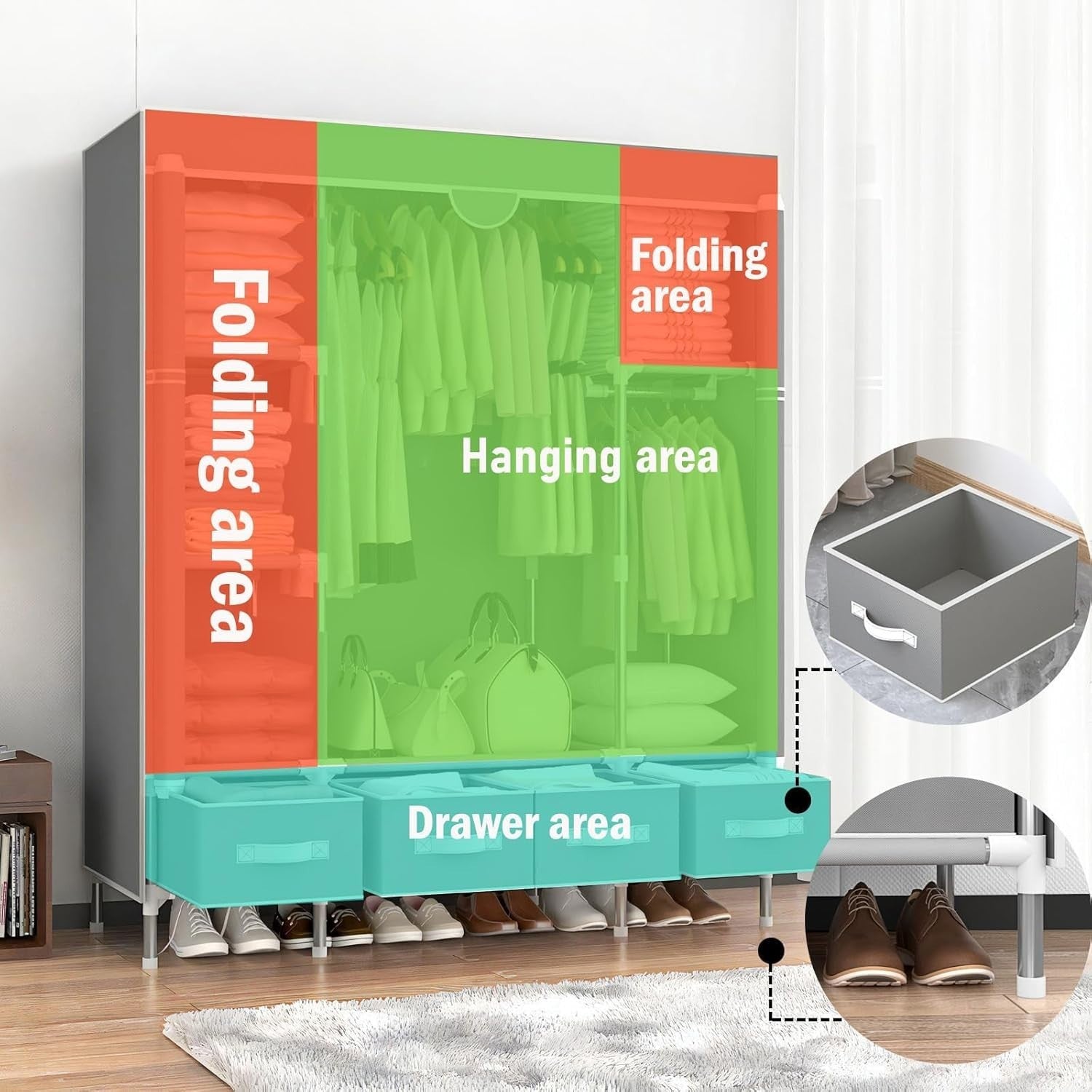Canvas Wardrobe Storage with Hanging Rail & Shelves – Large, Durable, Dustproof