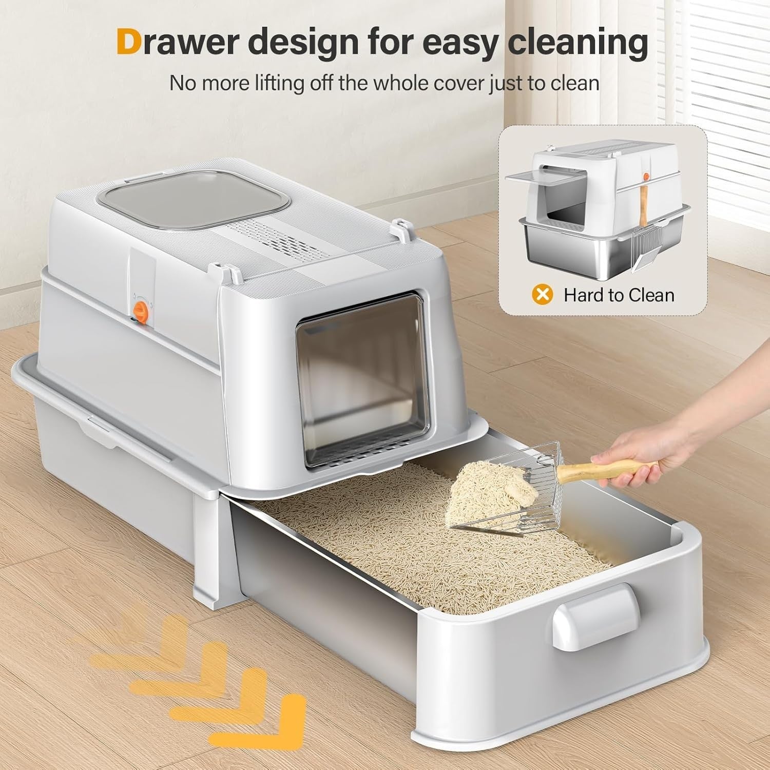 XL Stainless Steel Cat Litter Box Drawer Dual Entry Odor Control Grey
