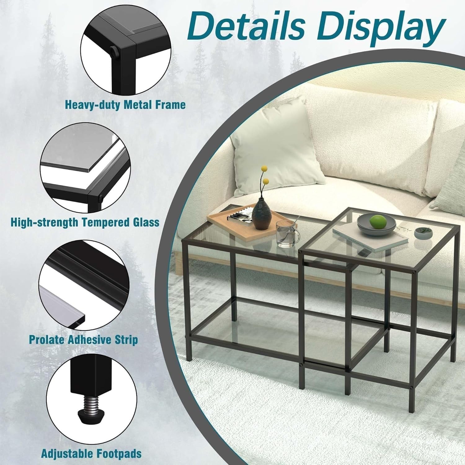 Modern Nesting Coffee End Table Set Glass Top Black Iron Frame Rectangular