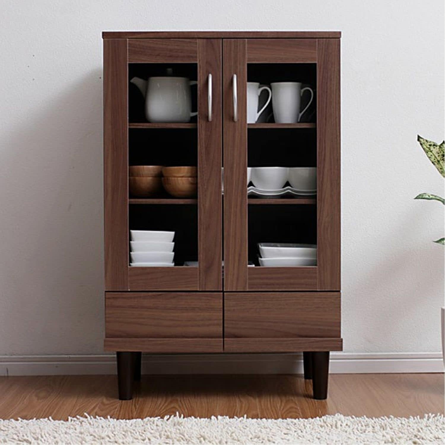Glass Display Cabinet Wood Sideboard Storage Unit Shelves Drawers Brown