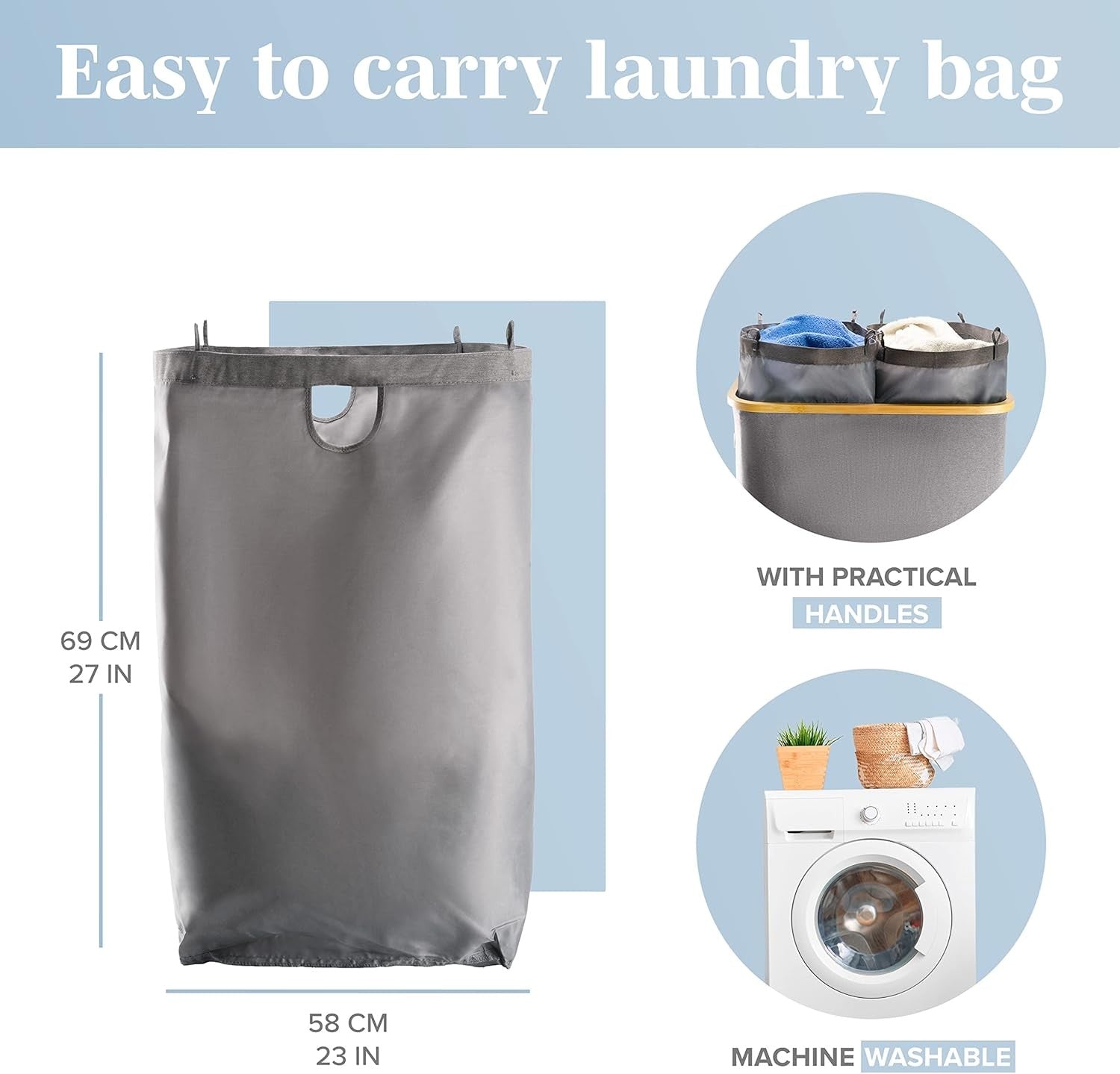150L Double Laundry Basket with Lid & Bamboo Frame, Grey Hamper 57×37×71cm