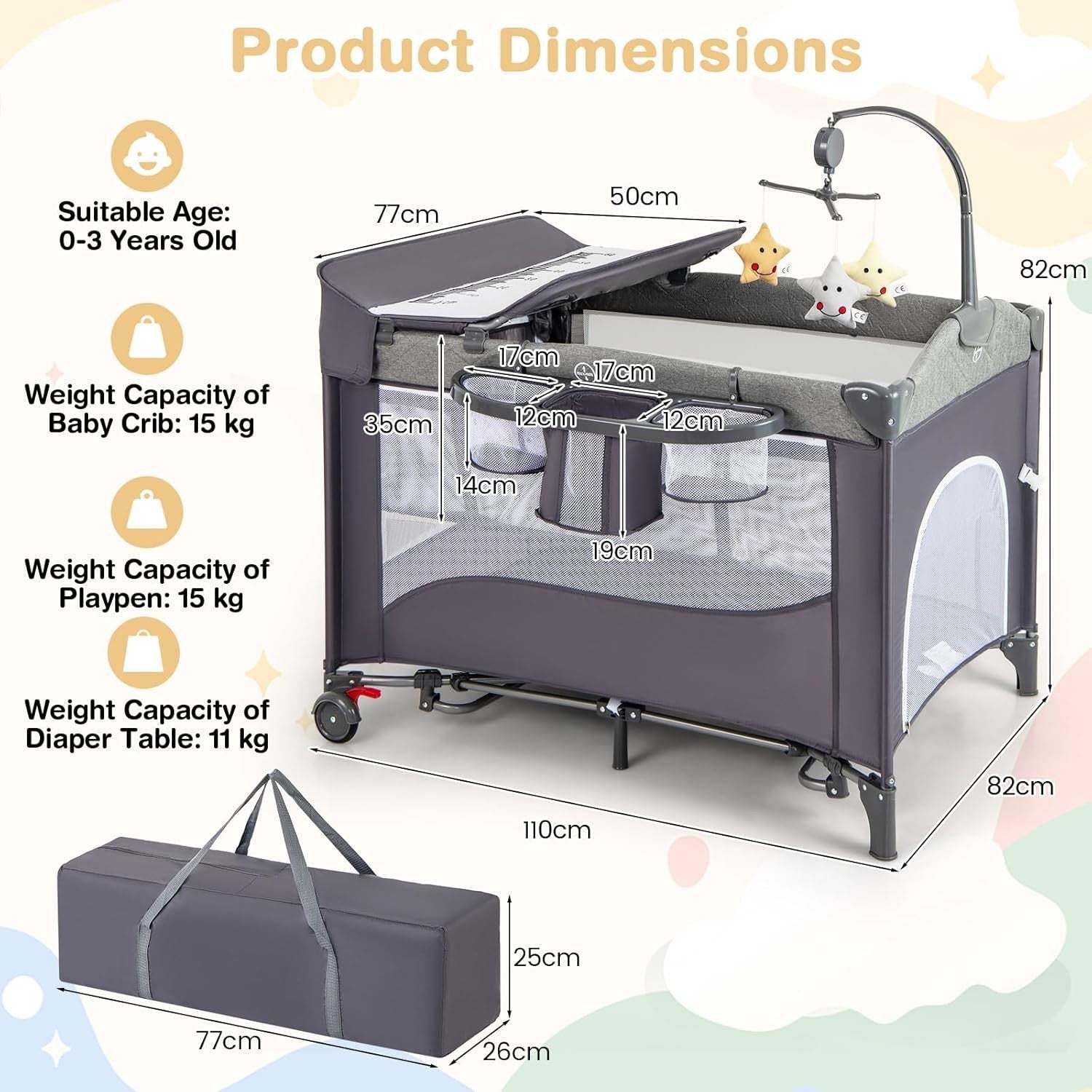5in1 Travel Cot Baby Bedside Foldable Crib Bassinet Portable Playard Grey
