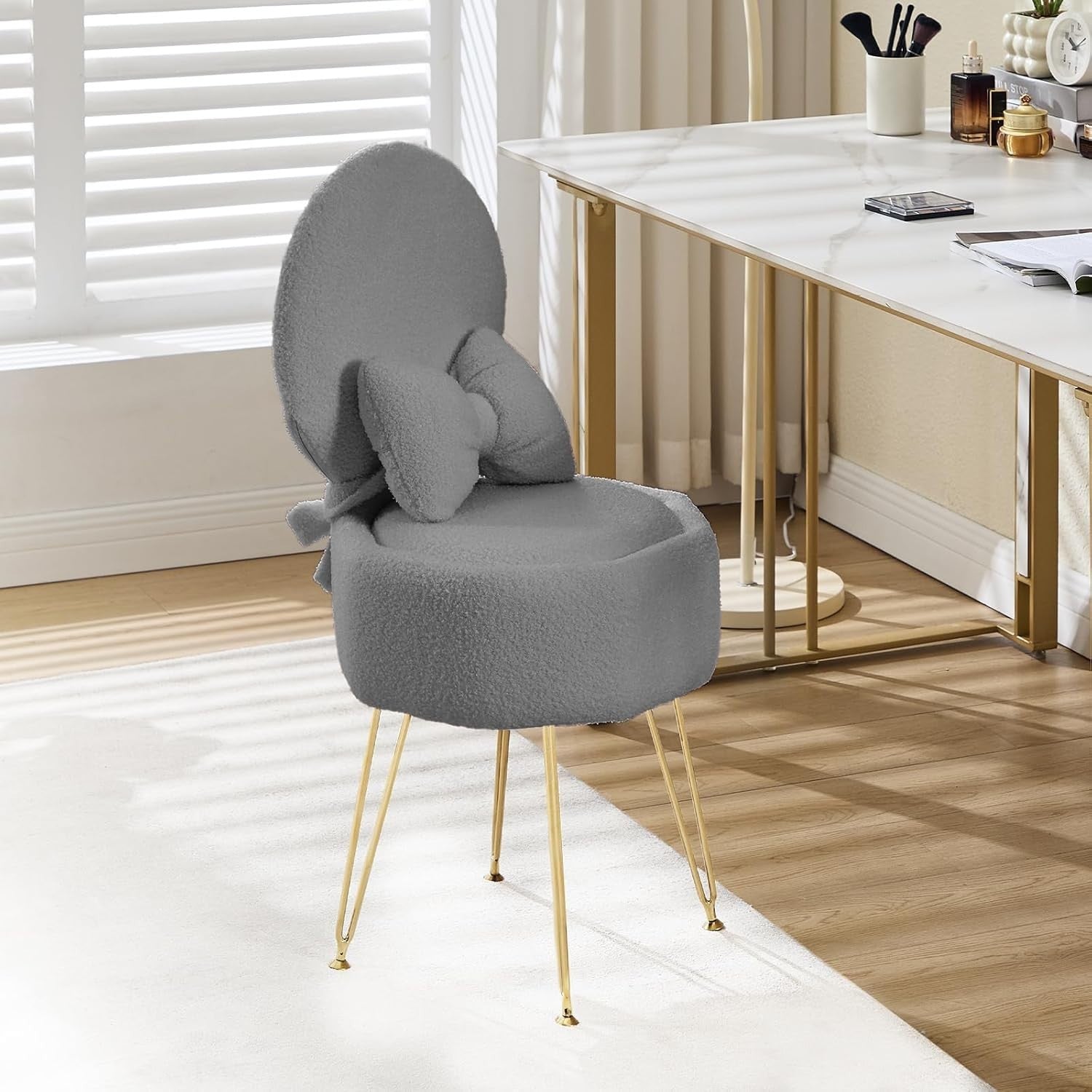 Grey Sherpa Vanity Chair with Storage & Foldable Backrest – Metal Leg