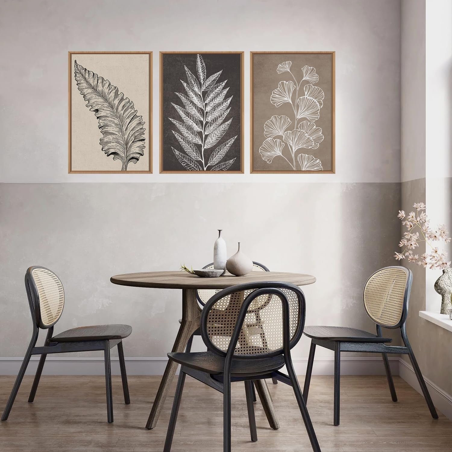 Botanical Leaf Framed Canvas Wall Art Set 3 Neutral Modern Home Decor