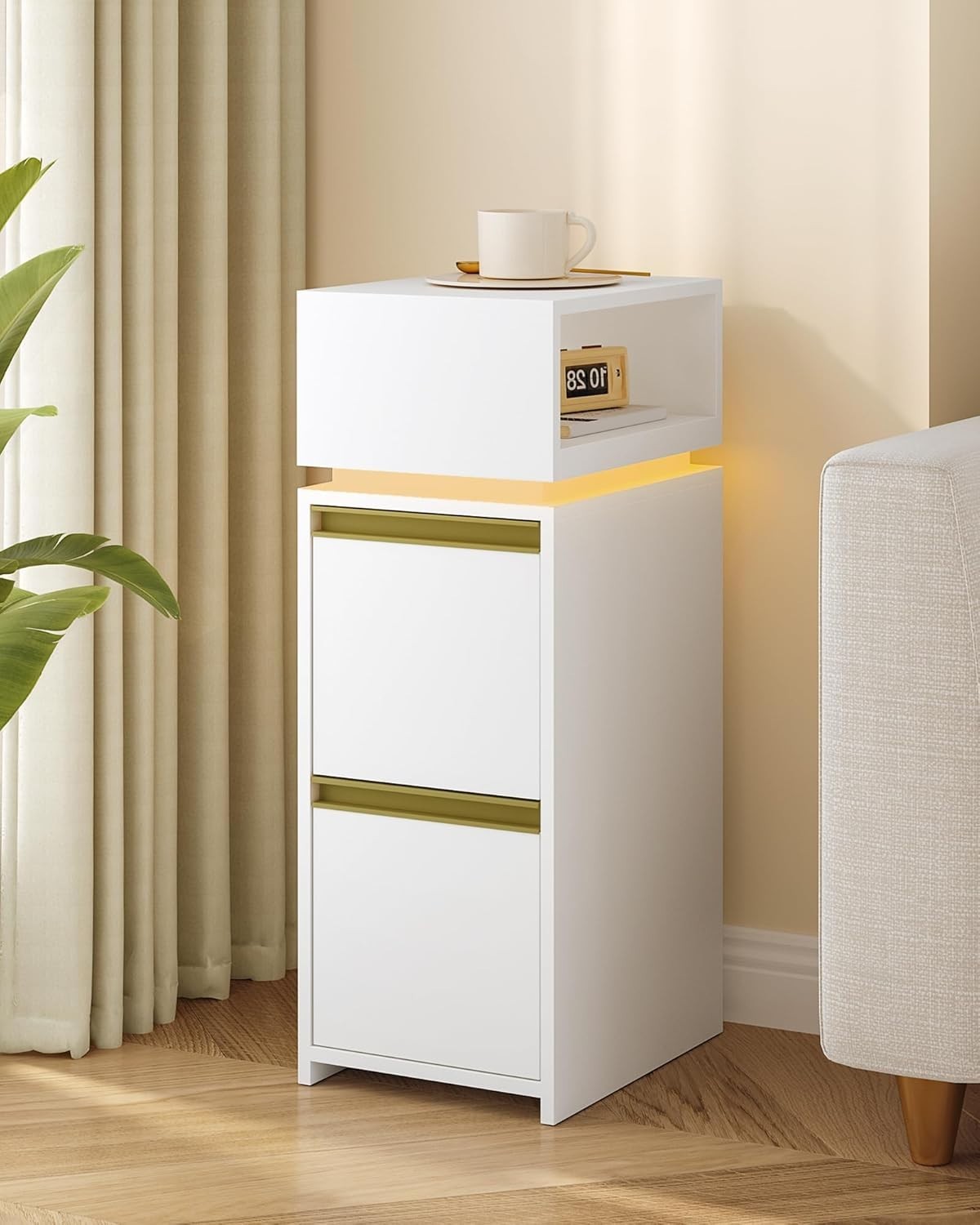 Modern LED Bedside Tables Set of 2 with Drawers & Open Shelf – Slim Nightstands