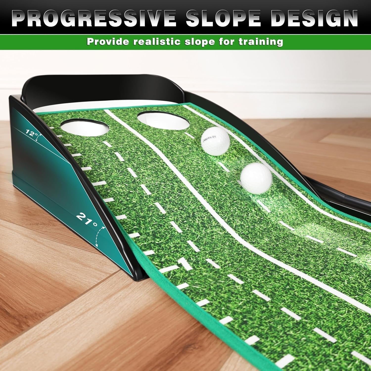 Dual Hole Golf Putting Green Indoor Trainer Mat w Mirror Gates