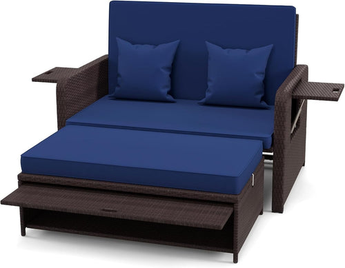 Navy+Brown 2-Seater Rattan Outdoor Daybed with Adjustable Back & Ottoman