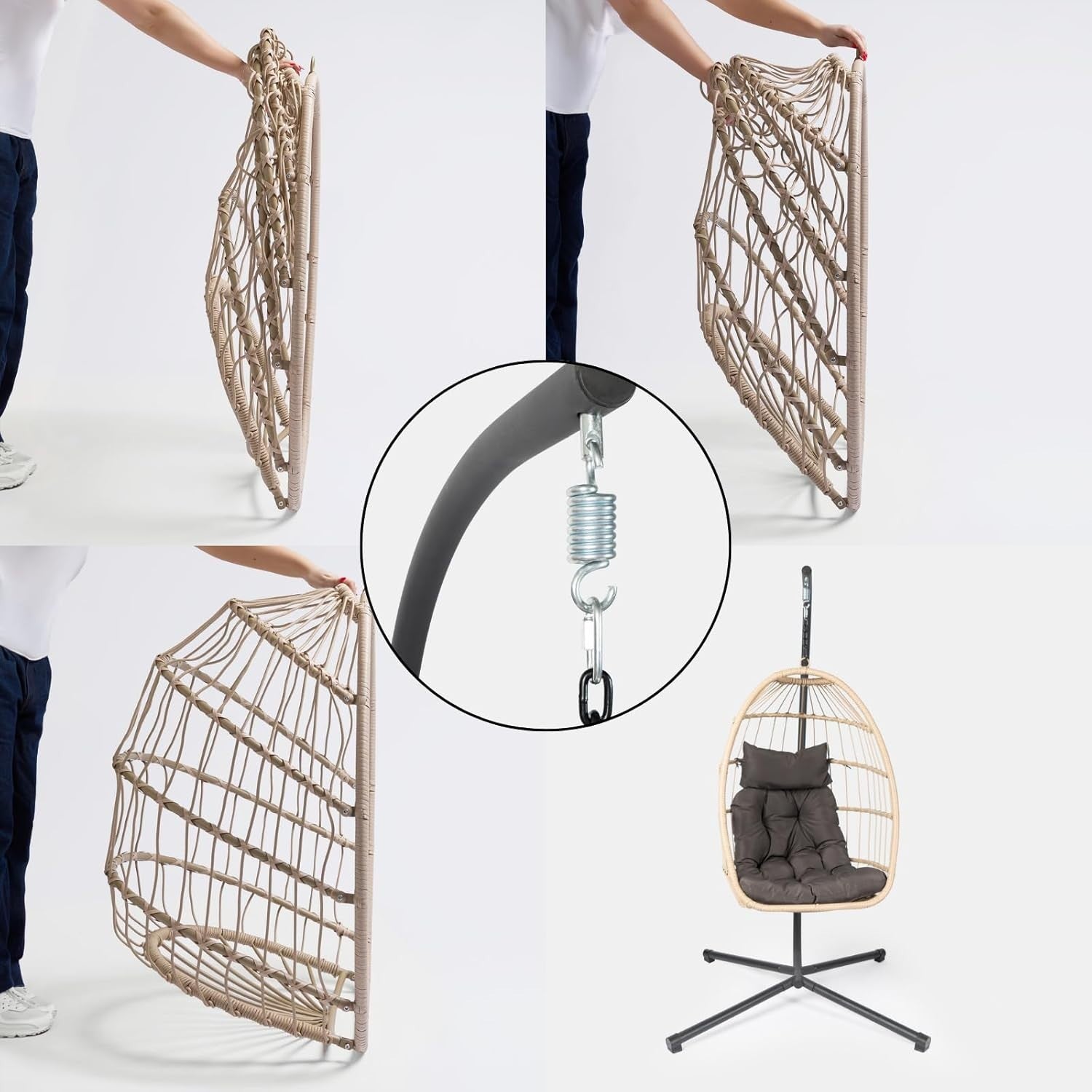 Rattan Hanging Egg Chair with Stand | Outdoor Swing Seat with Cushion