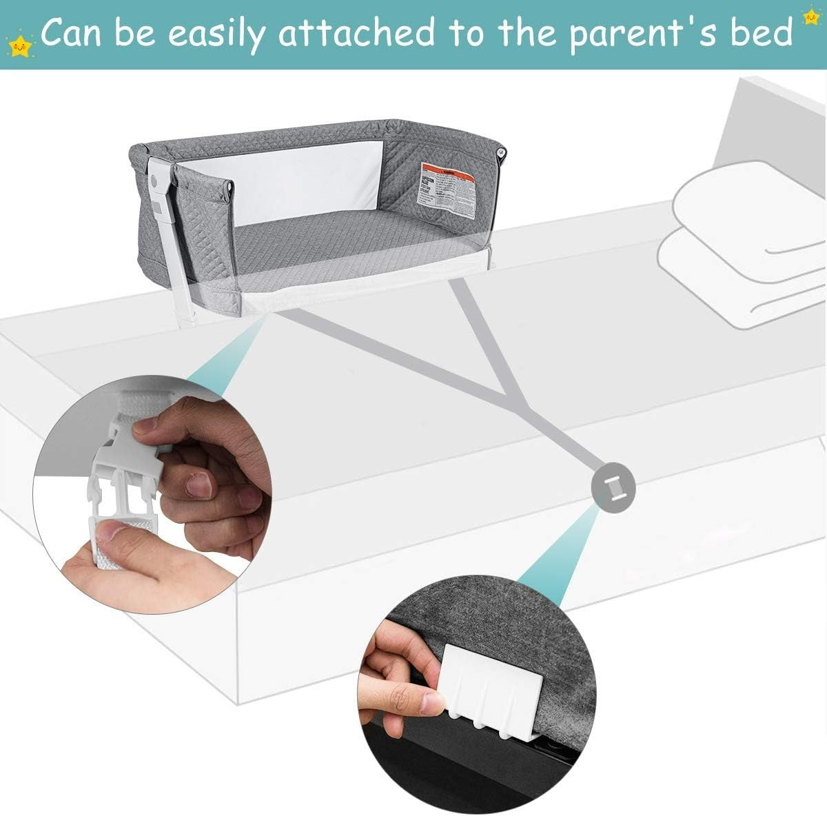 Bedside Baby Crib Adjustable Bassinet with Mattress & Wheels, Breathable Grey
