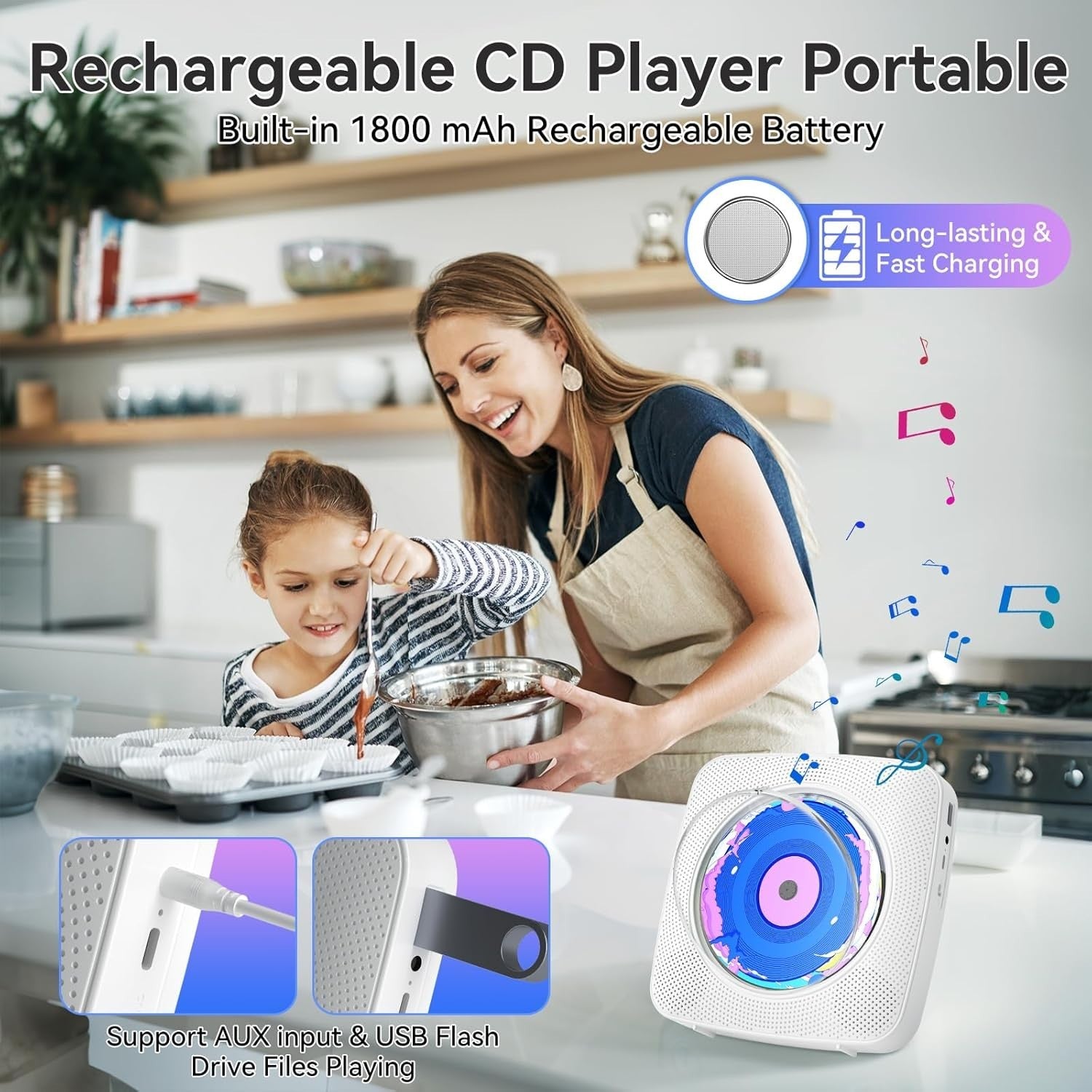 Portable CD Player Bluetooth Speakers FM Radio USB AUX Remote Wall Mount