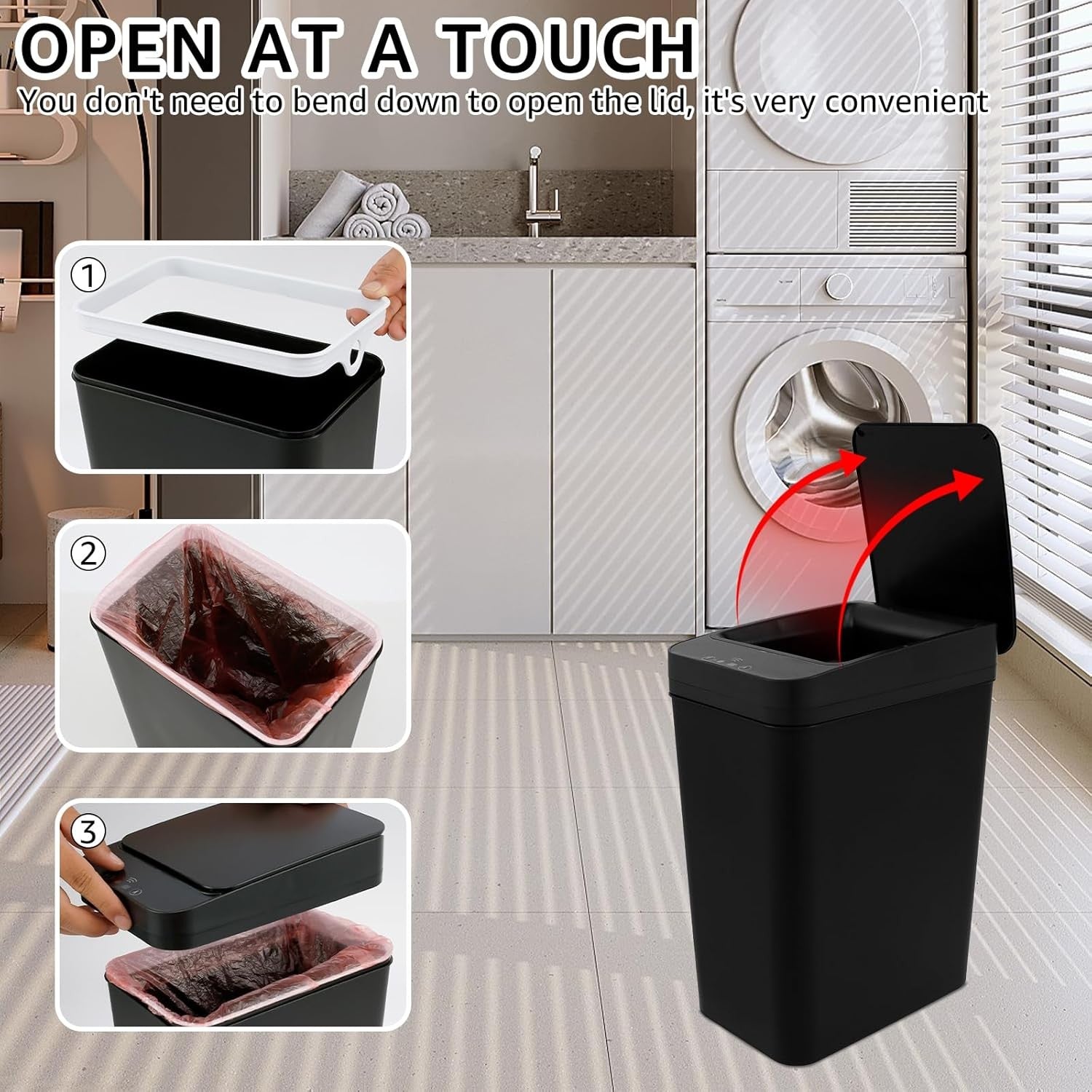 12L Smart Touchless Bathroom Kitchen Bin Motion Sensor Lid Black