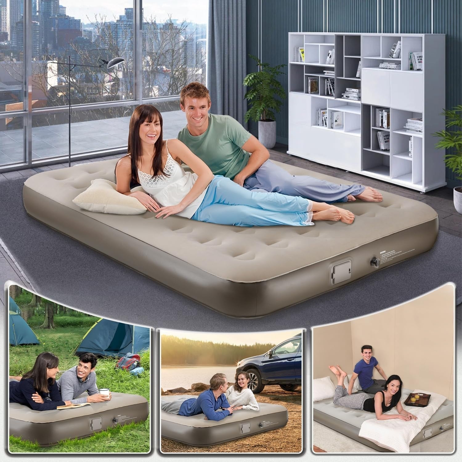 Double Air Bed with Built-In Pump – Self Inflating, Portable, Camping & Home