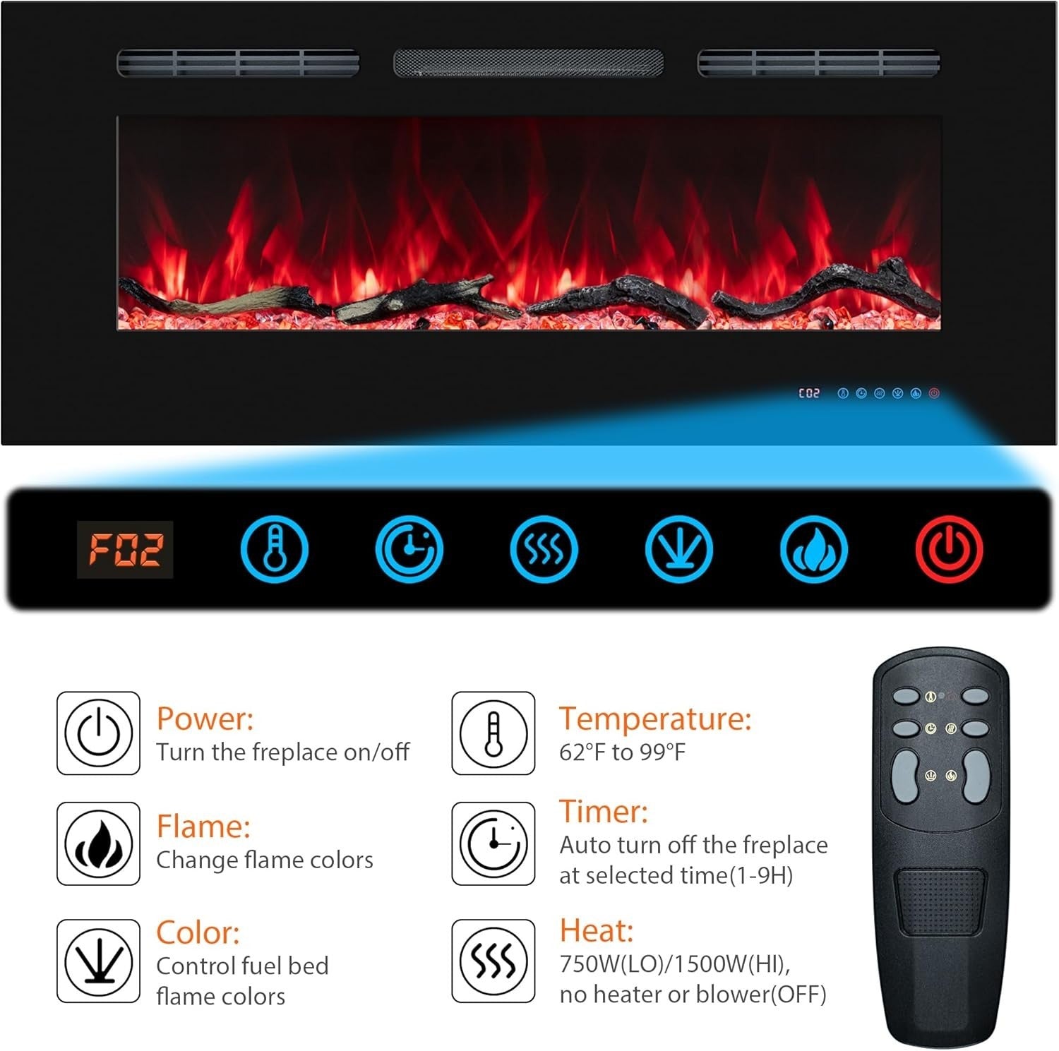 48” Wall Mounted Smart Electric Fireplace LED Heater Remote WiFi Flame