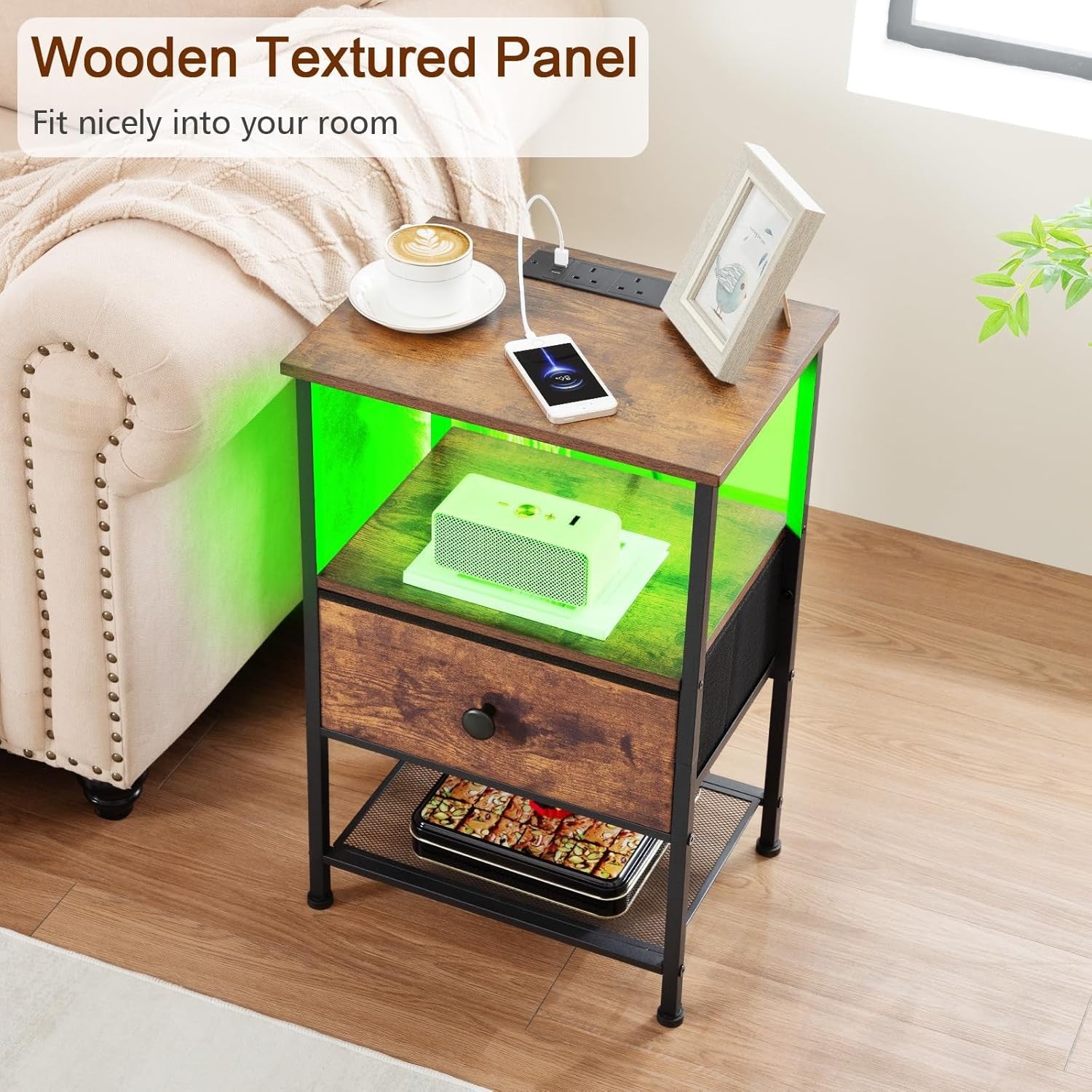 Set of 2 Rustic LED Bedside Tables with Charging Station, Fabric Drawer & Storag