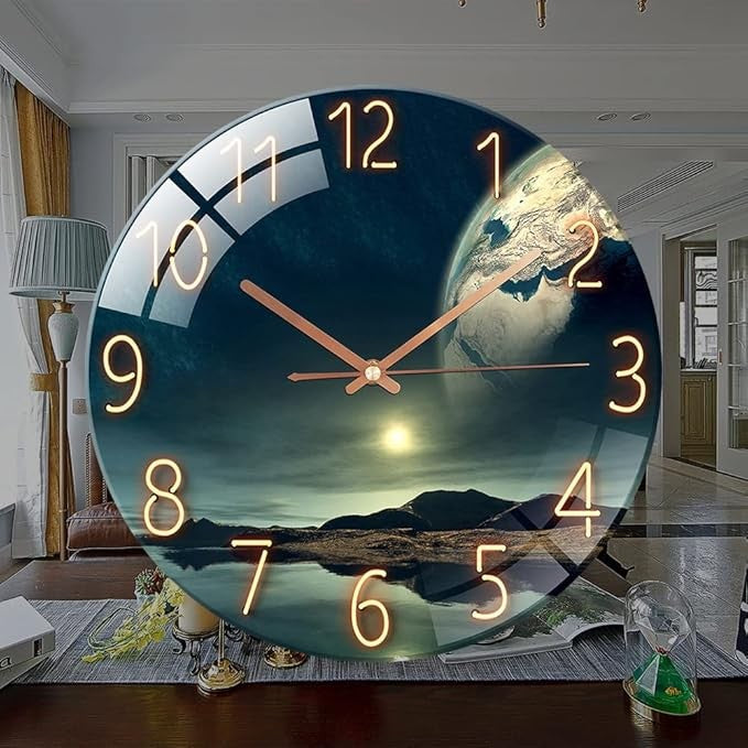 12” Glass Wall Clock Silent Non-Ticking Modern Round Art Design Home Decor