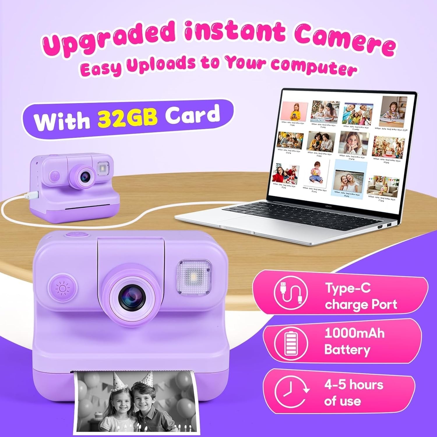 Kids Instant Print Camera 30MP 32GB Card 4 Paper Rolls Purple Kit