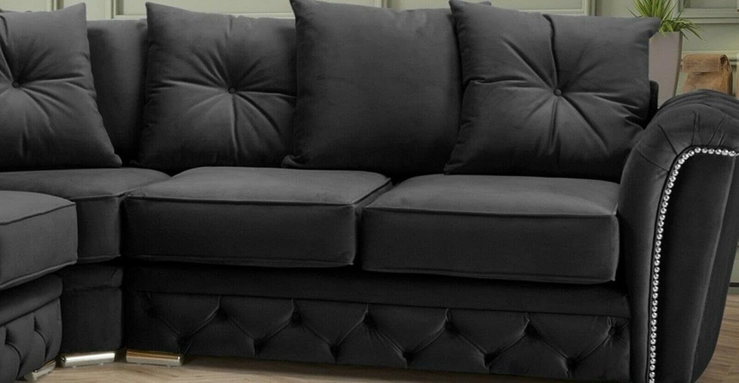 Luxury Black Corner Sofa 5-Seater Plush Fabric | Deep Seat L-Shaped Couch
