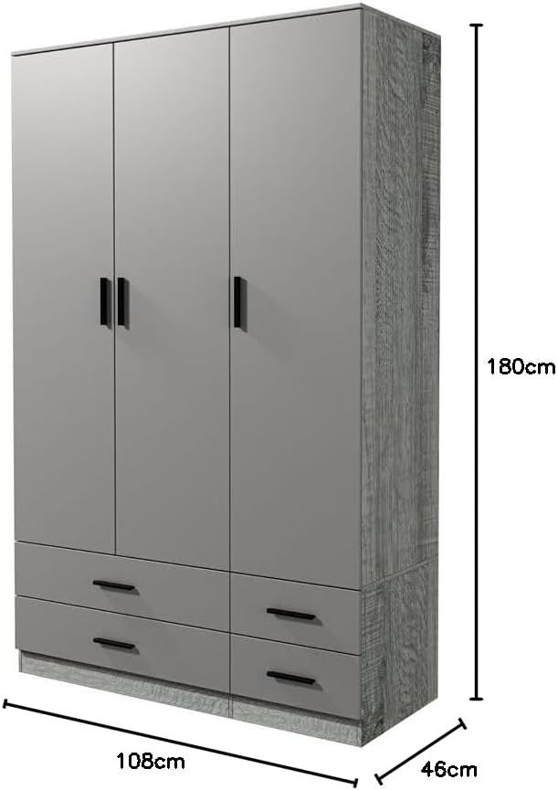 3 Door 4 Drawer Wardrobe Hanging Rail Storage Ash Grey & Cool Grey
