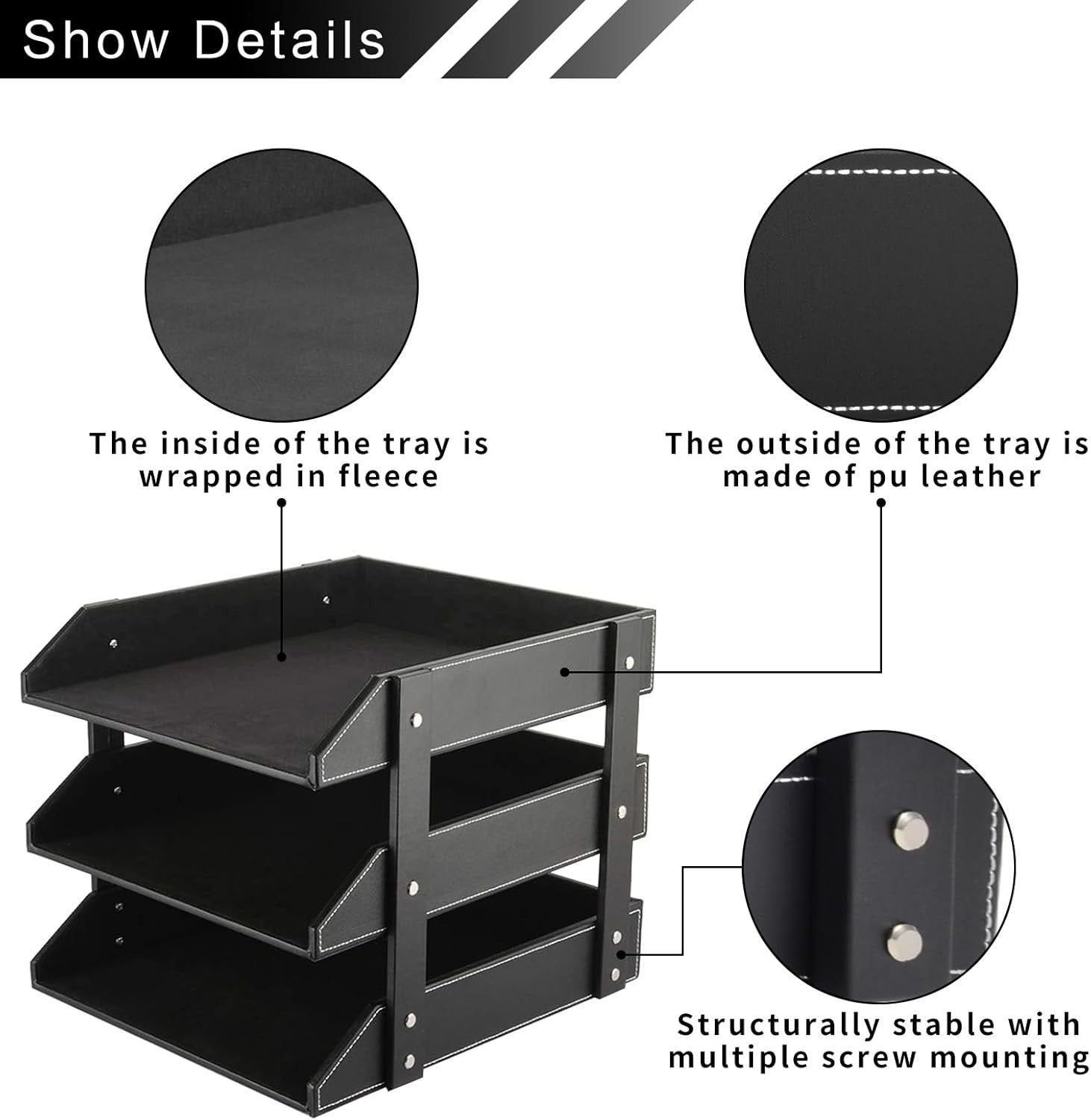 Stackable Leather Desk Organizer 3-Tier Letter Tray Office Storage Black
