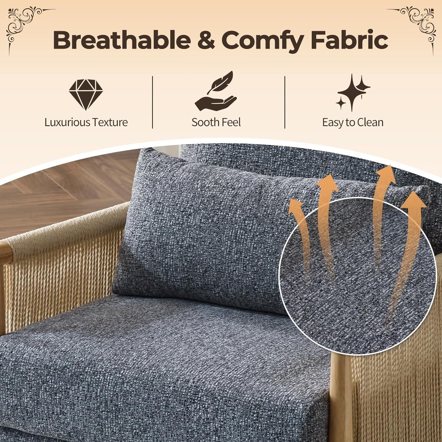 Modern Rattan Accent Armchair With Cushion Wooden Arms Indoor Lounge Chair