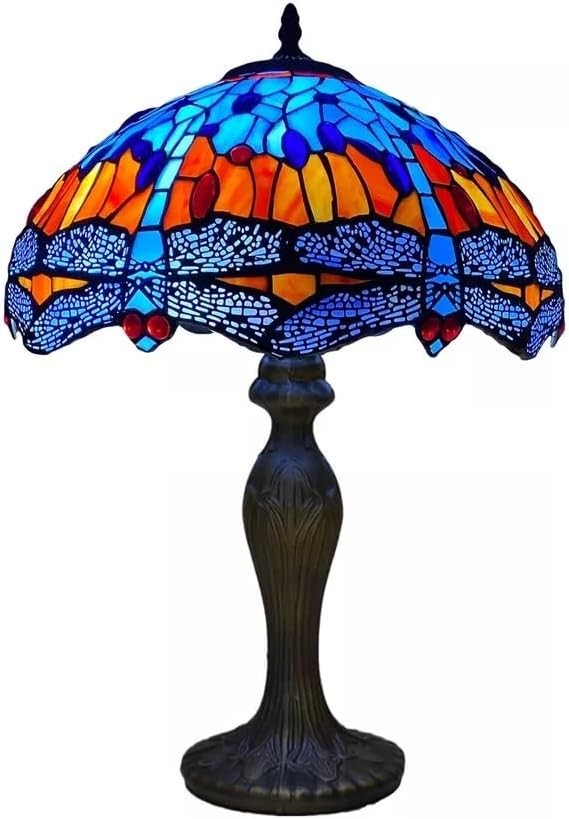 16" Tiffany Style Stained Glass Table Lamp Adjustable Brightness Brass Base