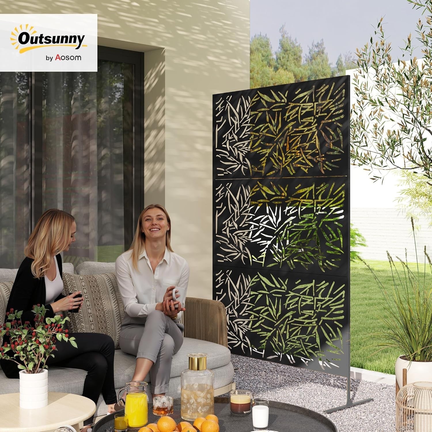 Garden Privacy Screen Freestanding Metal Divider Bamboo Design 6.5FT Outdoor