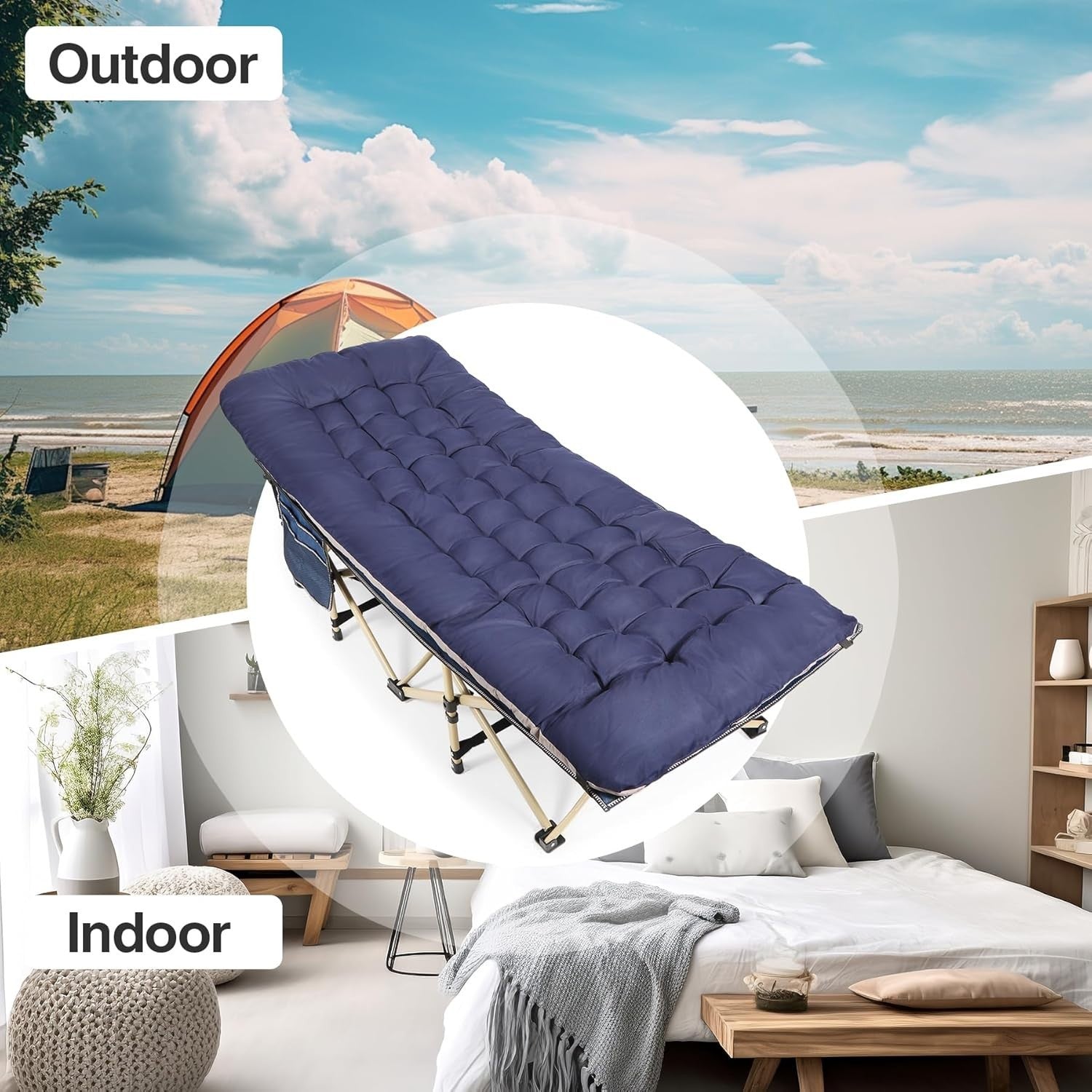 Folding Camp Bed with Thick Mattress | 500lbs Heavy Duty Blue Sleeping Cot