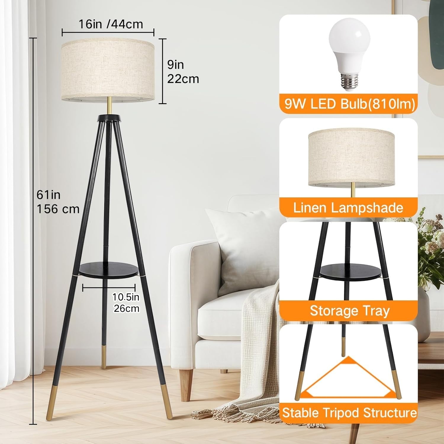 Dimmable Wooden Tripod Floor Lamp with Remote, Timer & Storage Shelf