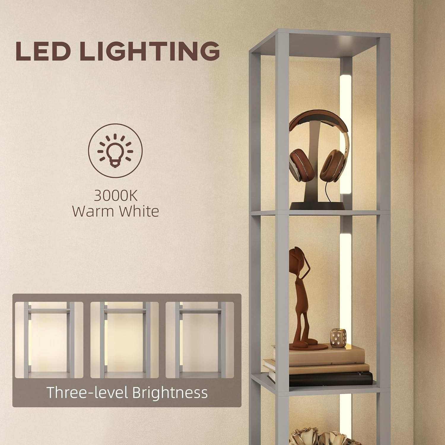 LED Floor Lamp with Shelves Storage Column Standing Lamp Adjustable Light